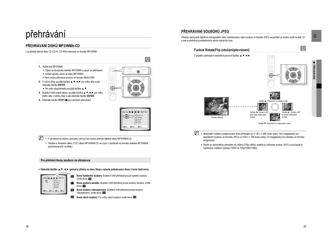 Samsung HT-XA100CT/EDC manual Přehrávání Disků MP3/WMA-CD, Přehrávání Souborů Jpeg, Funkce Rotate/Flip otočení/převrácení 