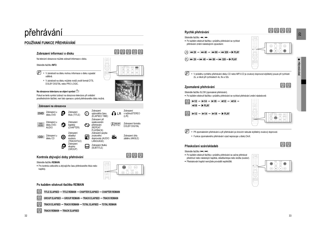 Samsung HT-XA100CT/EDC, HT-XA100T/EDC manual Používaní Funkce Přehrávání, Zobrazení informací o disku, Zpomalené přehrávání 