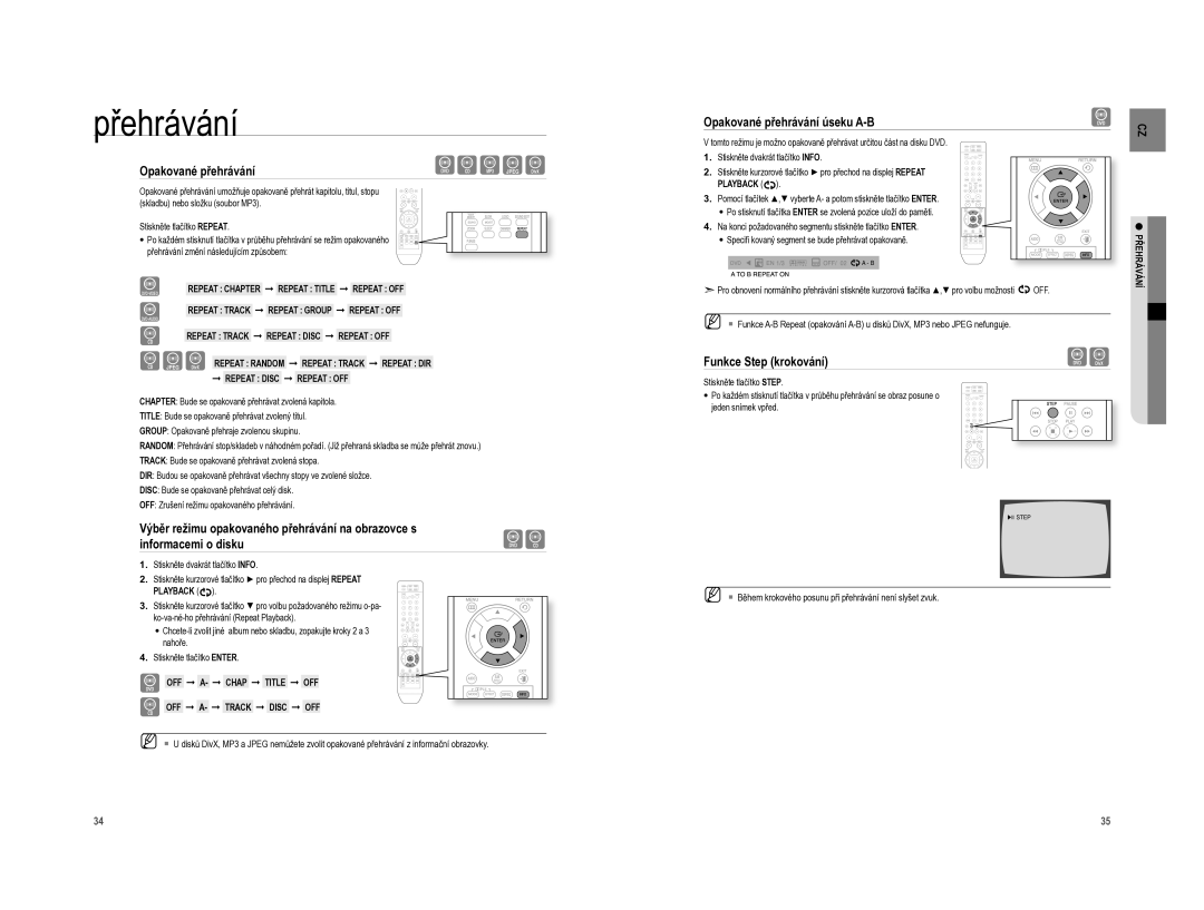 Samsung HT-XA100T/EDC, HT-XA100CT/EDC manual Opakované přehrávání úseku A-B, Funkce Step krokování 