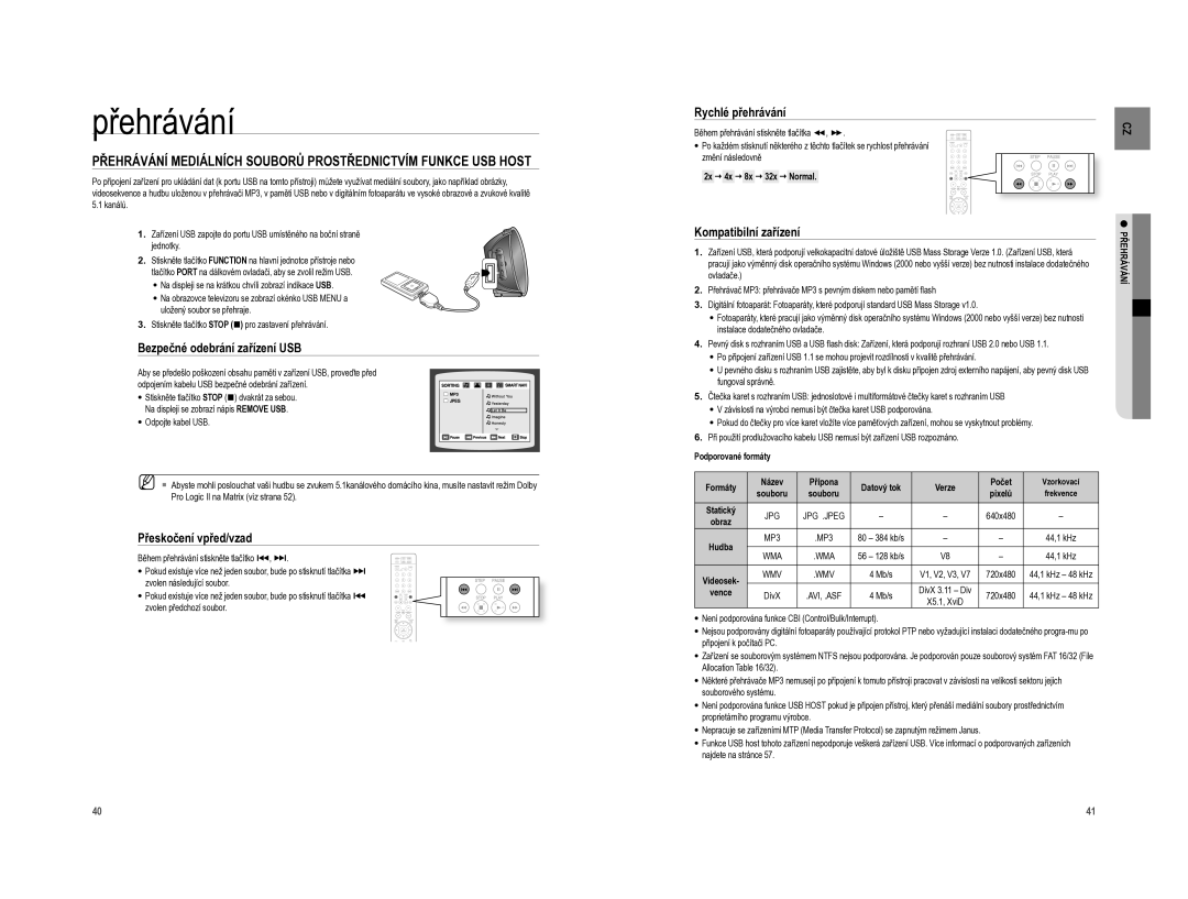 Samsung HT-XA100CT/EDC, HT-XA100T/EDC manual Bezpečné odebrání zařízení USB, Přeskočení vpřed/vzad, Kompatibilní zařízení 