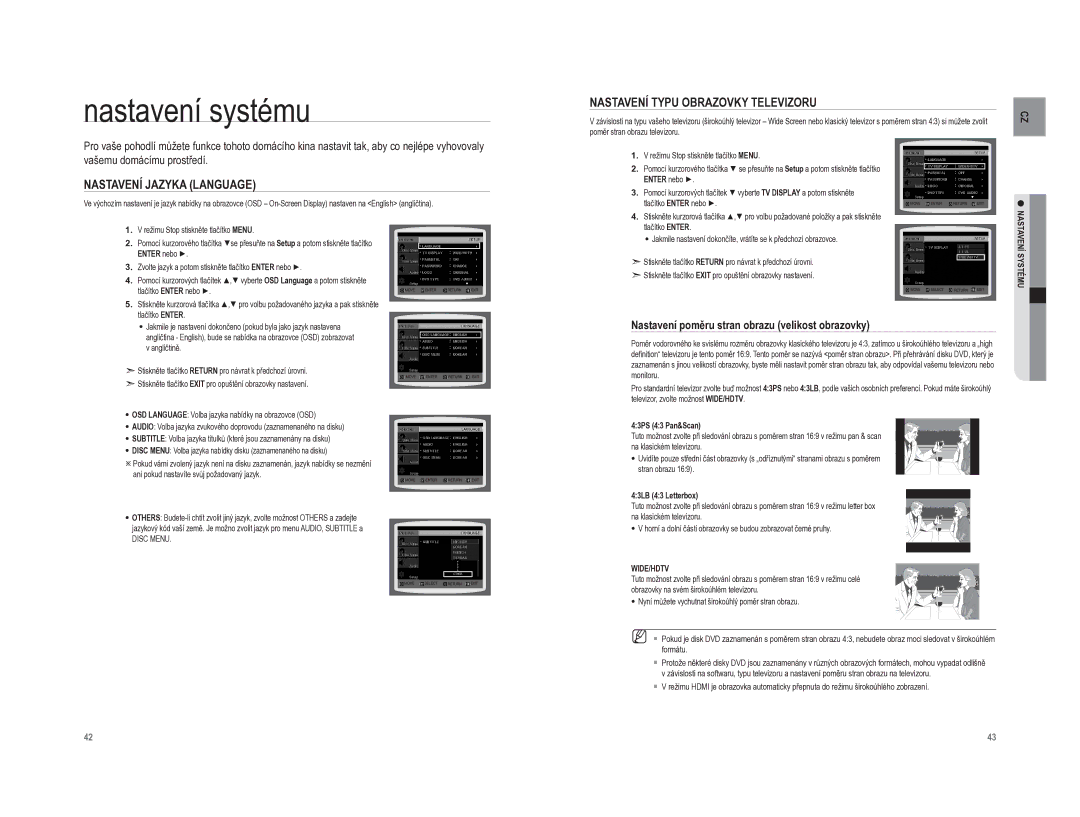 Samsung HT-XA100T/EDC, HT-XA100CT/EDC Nastavení systému, Nastavení Jazyka Language, Nastavení Typu Obrazovky Televizoru 