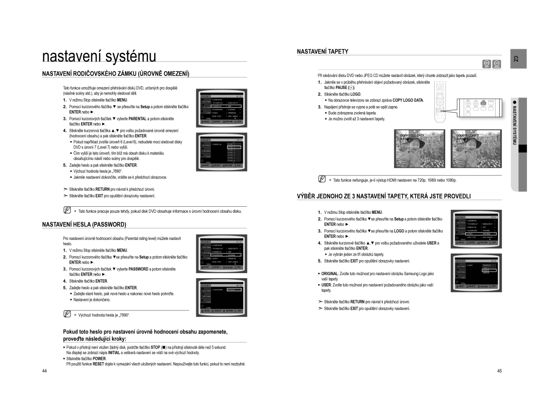 Samsung HT-XA100CT/EDC Nastavení Rodičovského Zámku Úrovně Omezení, Nastavení Tapety, Nastavení Hesla Password, Systému 