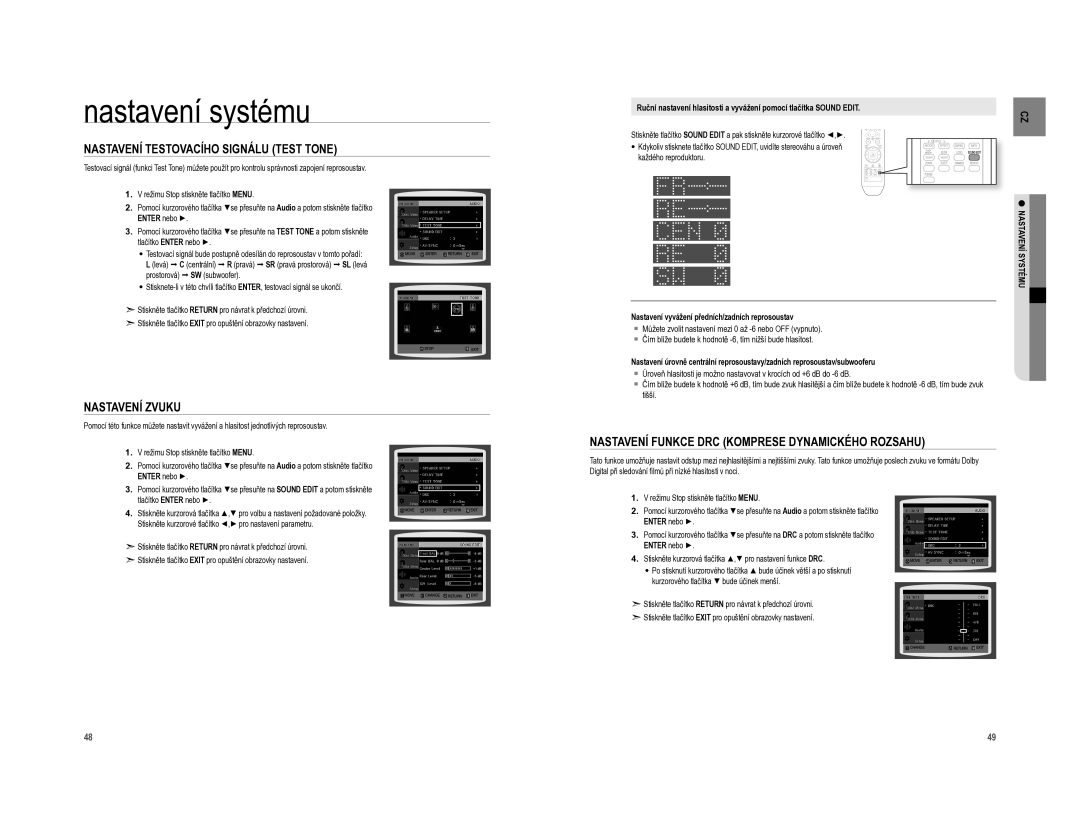 Samsung HT-XA100CT/EDC, HT-XA100T/EDC manual Nastavení Testovacího Signálu Test Tone, Nastavení Zvuku 