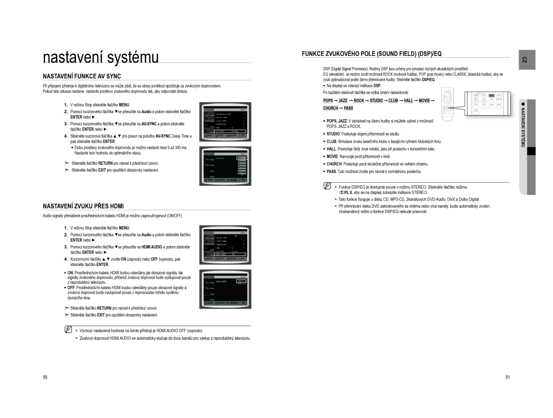 Samsung HT-XA100T/EDC manual Nastavení Funkce AV Sync, Nastavení Zvuku Přes Hdmi, Funkce Zvukového Pole Sound Field DSP/EQ 