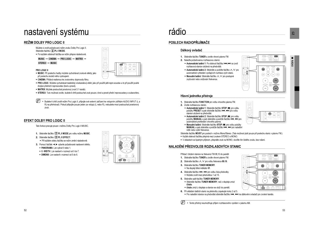 Samsung HT-XA100CT/EDC, HT-XA100T/EDC manual Rádio, Režim Dolby PRO Logic, Efekt Dolby PRO Logic, Poslech Radiopřijímače 