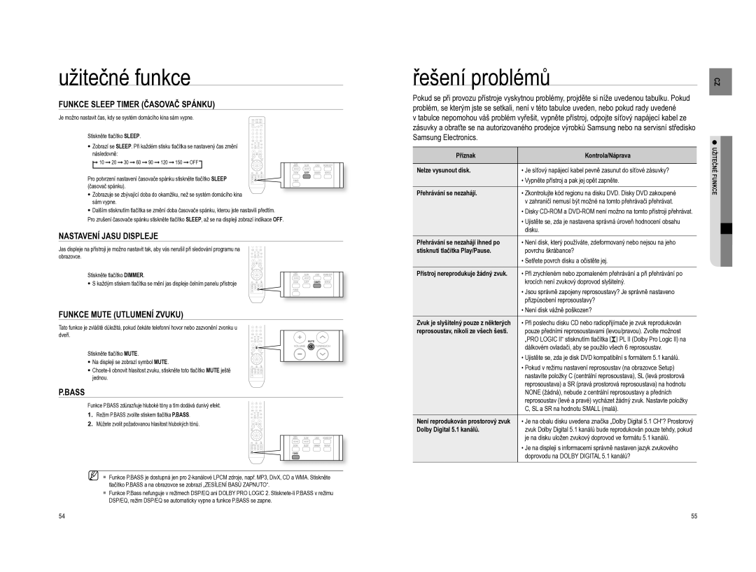 Samsung HT-XA100T/EDC, HT-XA100CT/EDC manual Užitečné funkce, Řešení problémů 