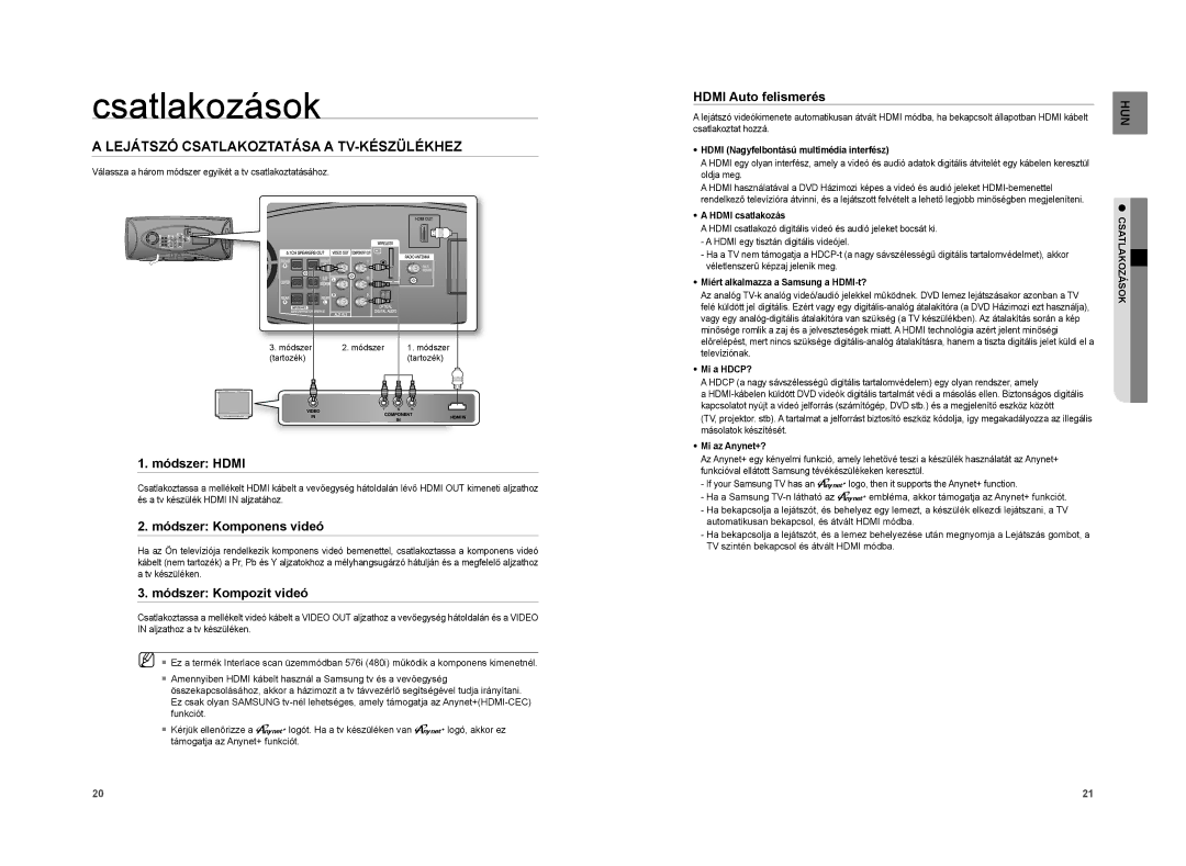 Samsung HT-XA100T/XEE, HT-XA100T/EDC manual Lejátszó Csatlakoztatása a TV-KÉSZÜLÉKHEZ, Módszer Hdmi, Módszer Komponens videó 