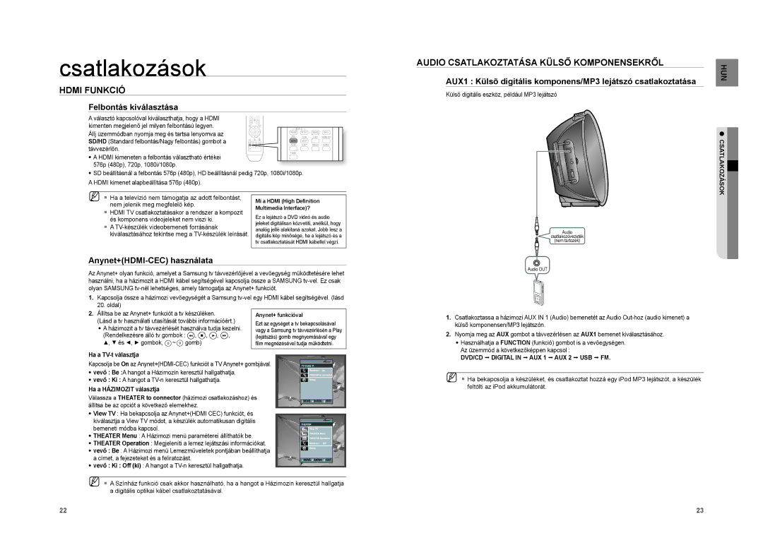 Samsung HT-XA100T/EDC, HT-XA100T/XEE manual Hdmi Funkció, Audio Csatlakoztatása Külső Komponensekről, Felbontás kiválasztása 