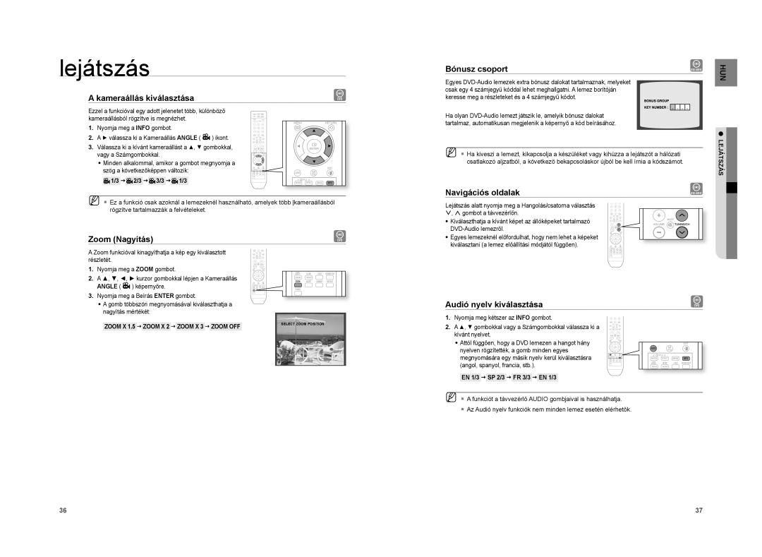 Samsung HT-XA100T/XEE, HT-XA100T/EDC manual Kameraállás kiválasztása, Zoom Nagyítás, Audió nyelv kiválasztása, Zoom OFF 