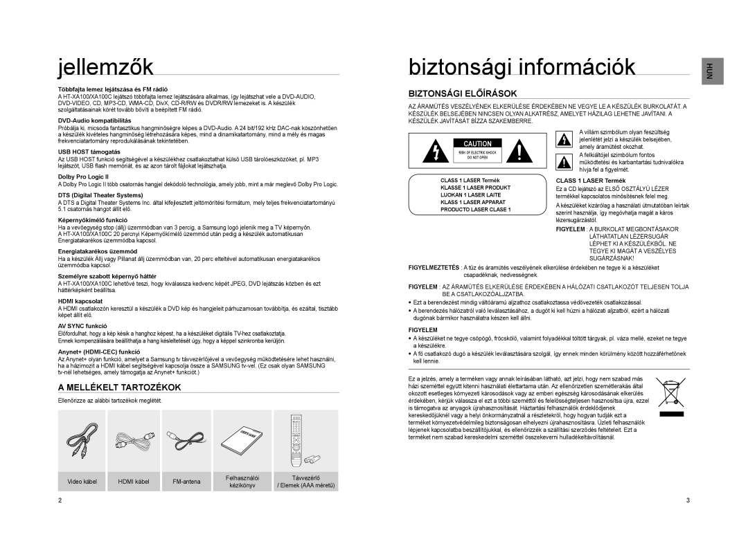 Samsung HT-XA100T/EDC manual Jellemzők, Biztonsági információk, Biztonsági Előírások, Mellékelt Tartozékok, Figyelem 