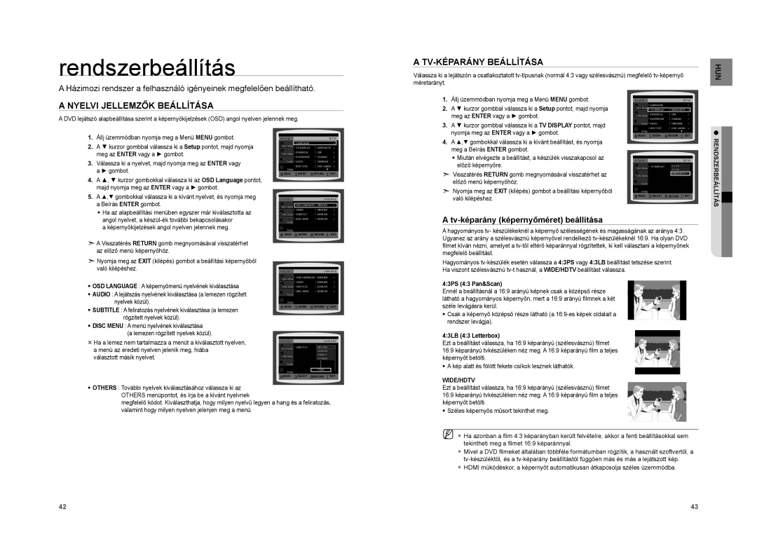 Samsung HT-XA100T/EDC, HT-XA100T/XEE manual Rendszerbeállítás, Nyelvi Jellemzők Beállítása, TV-KÉPARÁNY Beállítása 