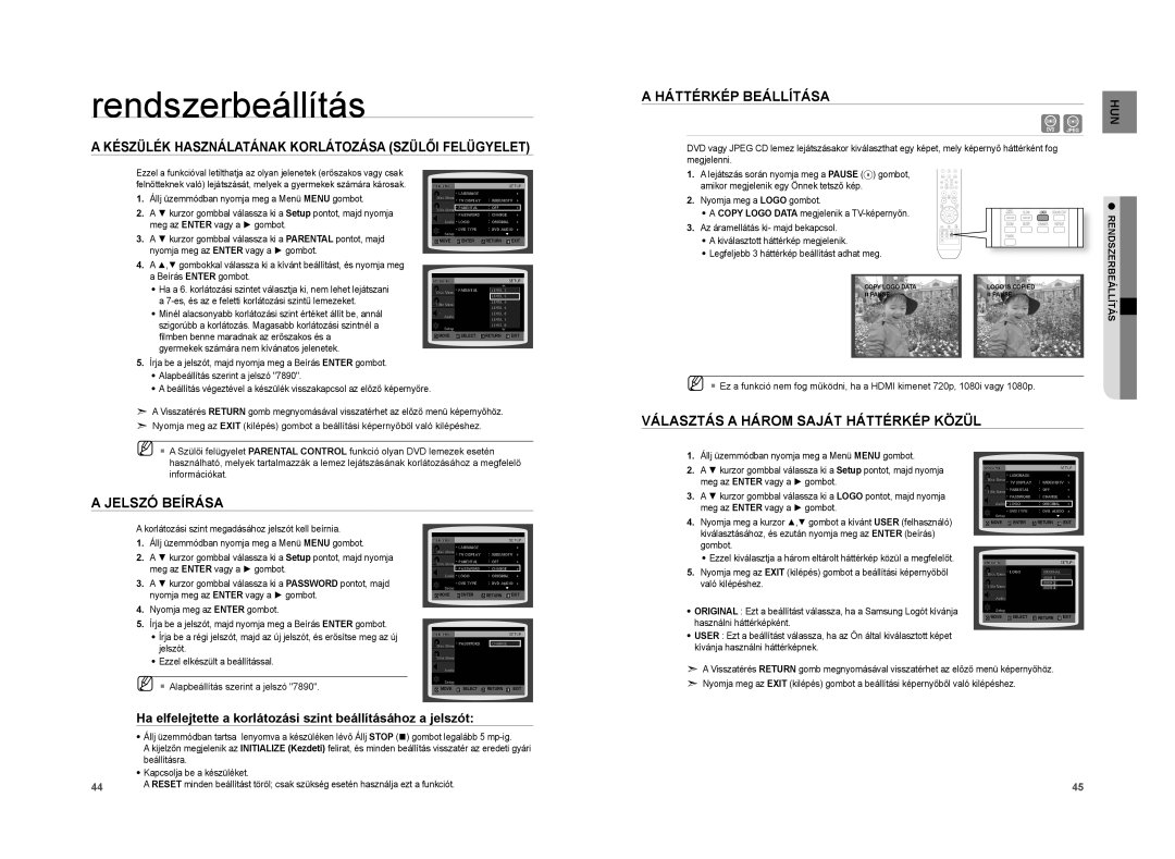 Samsung HT-XA100T/XEE manual Készülék Használatának Korlátozása Szülői Felügyelet, Jelszó Beírása Háttérkép Beállítása 