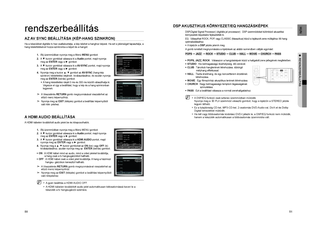 Samsung HT-XA100T/EDC, HT-XA100T/XEE AZ AV Sync Beállítása KÉP-HANG Szinkron, DSP Akusztikus KÖRNYEZET/EQ Hangzásképek 