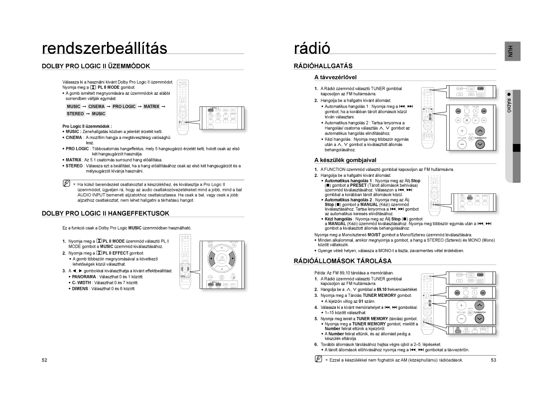 Samsung HT-XA100T/XEE, HT-XA100T/EDC Dolby PRO Logic II Üzemmódok, Dolby PRO Logic II Hangeffektusok, Rádióhallgatás 