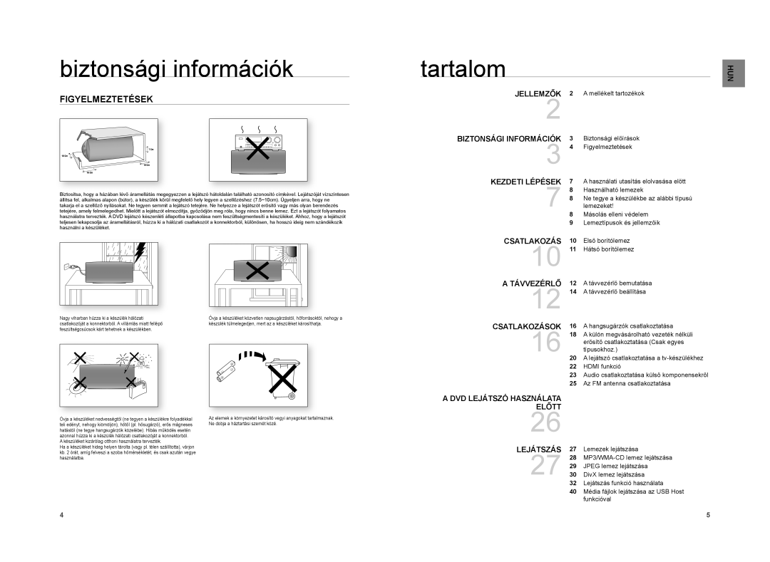 Samsung HT-XA100T/XEE, HT-XA100T/EDC manual Tartalom, Figyelmeztetések 