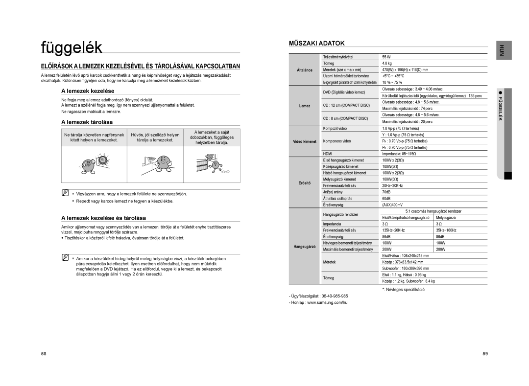 Samsung HT-XA100T/EDC, HT-XA100T/XEE Függelék, Előírások a Lemezek Kezelésével ÉS Tárolásával Kapcsolatban, Műszaki Adatok 