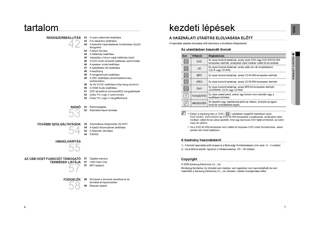 Samsung HT-XA100T/EDC manual Tartalom Kezdeti lépések, Használati Utasítás Elolvasása Előtt, Az utasításban használt ikonok 