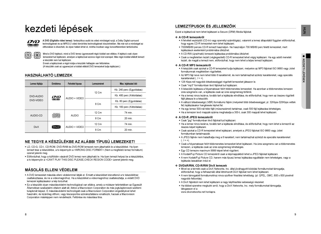 Samsung HT-XA100T/XEE manual Használható Lemezek, NE Tegye a Készülékbe AZ Alábbi Típusú Lemezeket, Másolás Elleni Védelem 