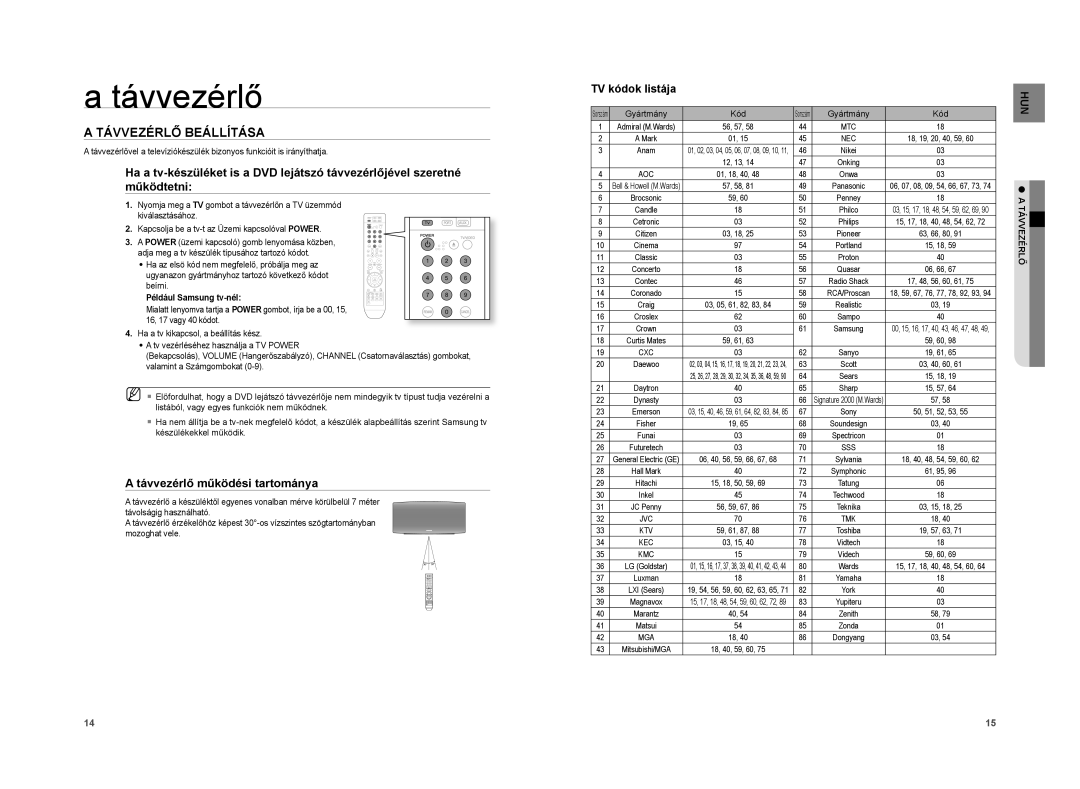 Samsung HT-XA100T/EDC, HT-XA100T/XEE Távvezérlő Beállítása, Távvezérlő működési tartománya, Például Samsung tv-nél, Ktv 