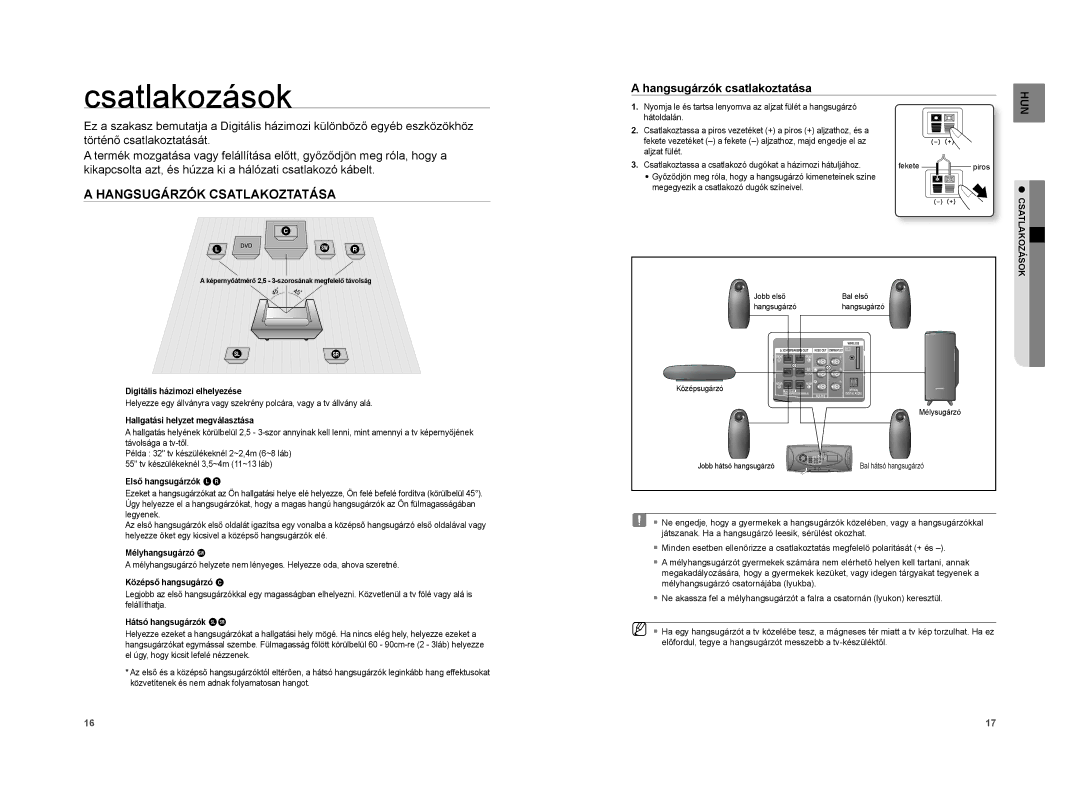 Samsung HT-XA100T/XEE, HT-XA100T/EDC manual Csatlakozások, Hangsugárzók Csatlakoztatása, Hangsugárzók csatlakoztatása 