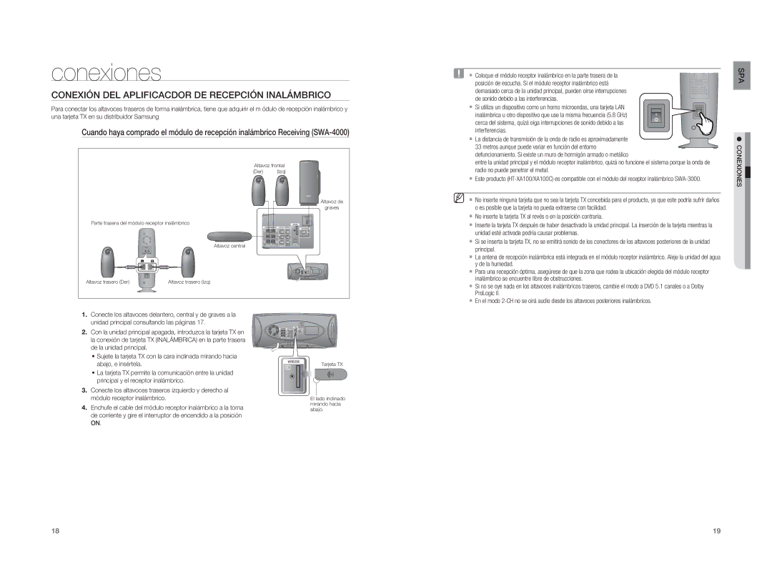 Samsung HT-XA100T/XET, HT-XA100T/EDC, HT-XA100CT/XET manual Conexión DEL Aplificacdor DE Recepción Inalámbrico, Conexiones 