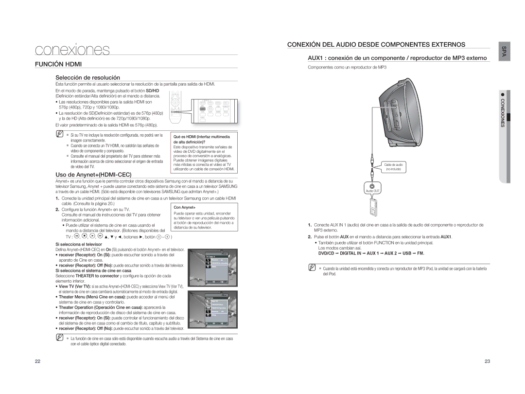 Samsung HT-XA100T/EDC, HT-XA100T/XET Función Hdmi, Conexión DEL Audio Desde Componentes Externos, Selección de resolución 