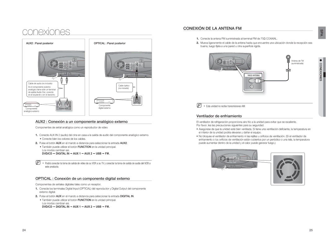 Samsung HT-XA100T/XET, HT-XA100T/EDC, HT-XA100CT/XET manual Conexión DE LA Antena FM, Ventilador de enfriamiento 