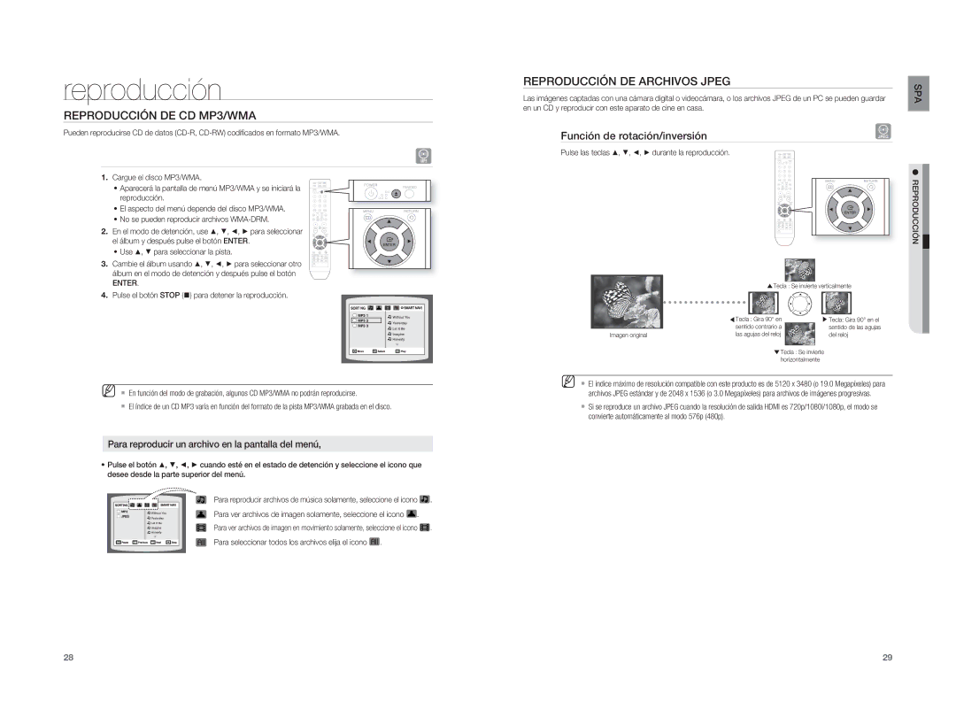 Samsung HT-XA100T/EDC Reproducción DE CD MP3/WMA, Reproducción DE Archivos Jpeg, Función de rotación/inversión, Enter 