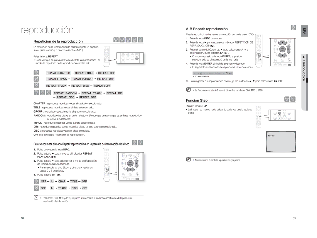 Samsung HT-XA100T/EDC, HT-XA100T/XET, HT-XA100CT/XET manual Repetición de la reproducción, Repetir reproducción, Función Step 