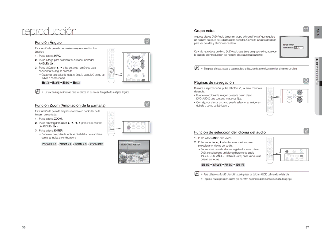 Samsung HT-XA100T/XET manual Función Ángulo, Función Zoom Ampliación de la pantalla, Grupo extra, Páginas de navegación 