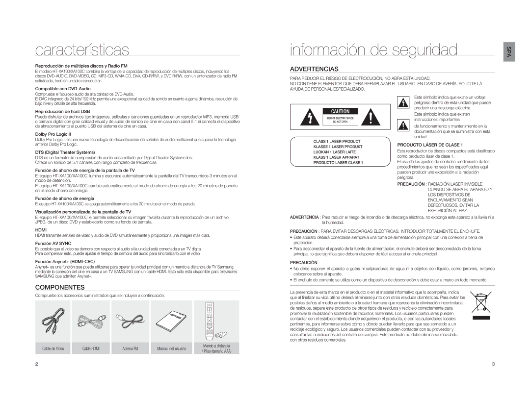 Samsung HT-XA100CT/XET, HT-XA100T/EDC, HT-XA100T/XET Características, Información de seguridad, Componentes, Advertencias 