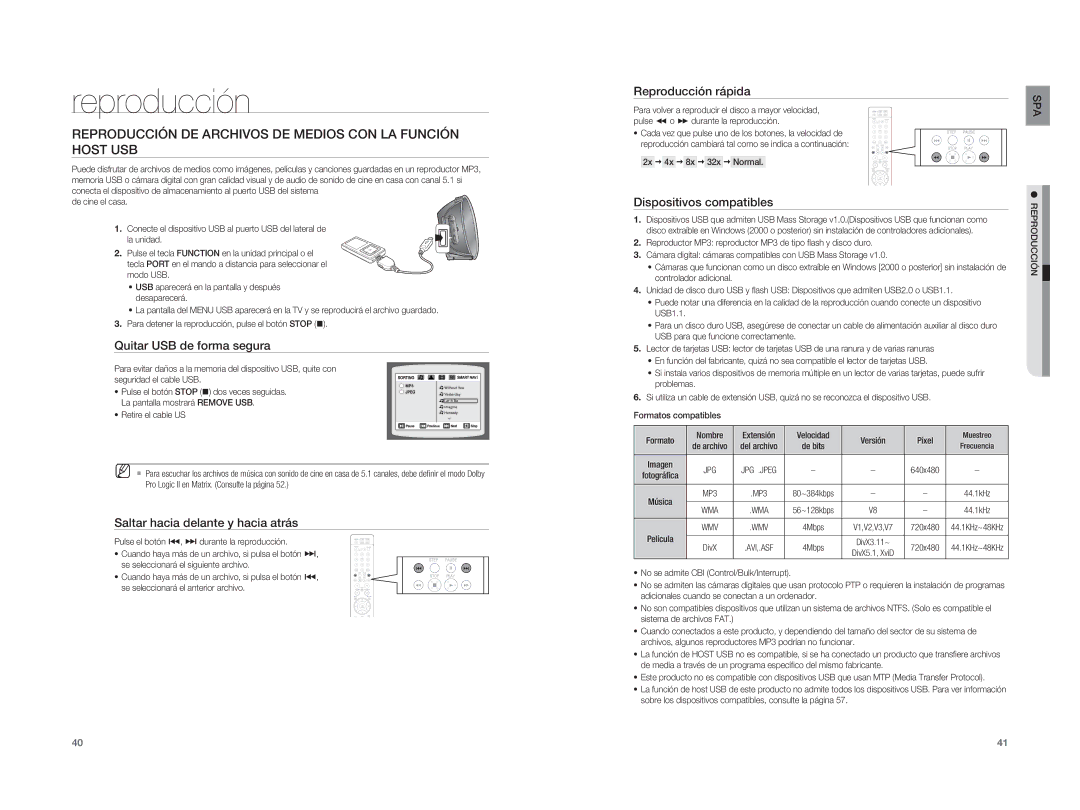 Samsung HT-XA100T/EDC manual Reproducción DE Archivos DE Medios CON LA Función Host USB, Quitar USB de forma segura 