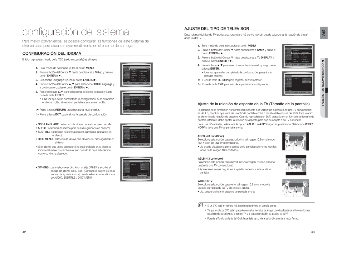 Samsung HT-XA100T/XET manual Conﬁ guración del sistema, Configuración DEL Idioma, Ajuste DEL Tipo DE Televisor, Wide/Hdtv 