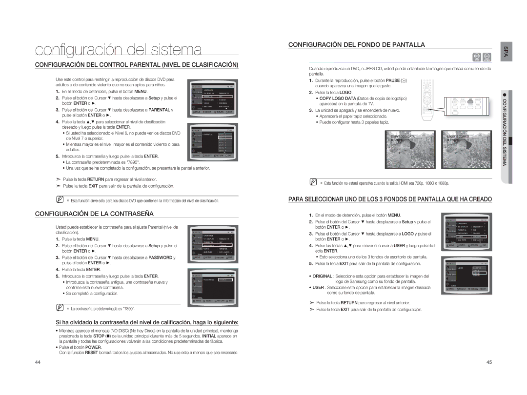 Samsung HT-XA100CT/XET Configuración DEL Control Parental Nivel DE Clasificación, Configuración DEL Fondo DE Pantalla 