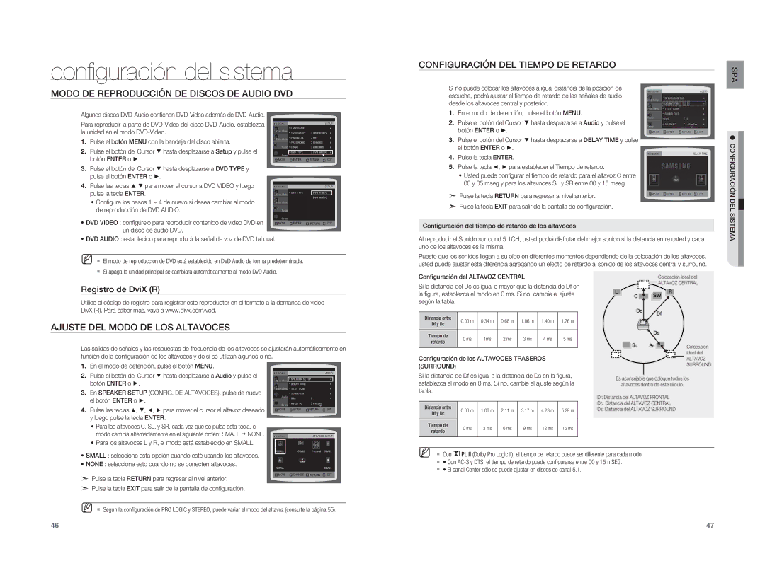 Samsung HT-XA100T/EDC Modo DE Reproducción DE Discos DE Audio DVD, Configuración DEL Tiempo DE Retardo, Registro de DviX R 