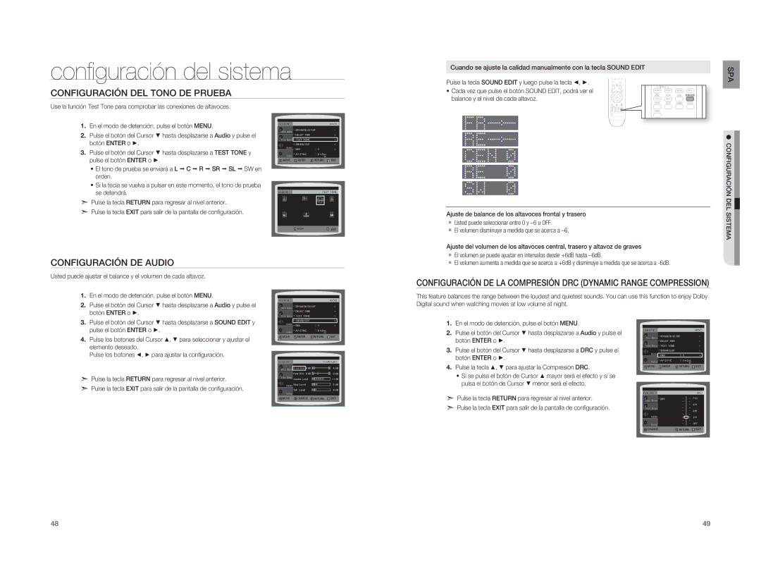 Samsung HT-XA100T/XET, HT-XA100T/EDC, HT-XA100CT/XET manual Configuración DEL Tono DE Prueba, Configuración DE Audio 