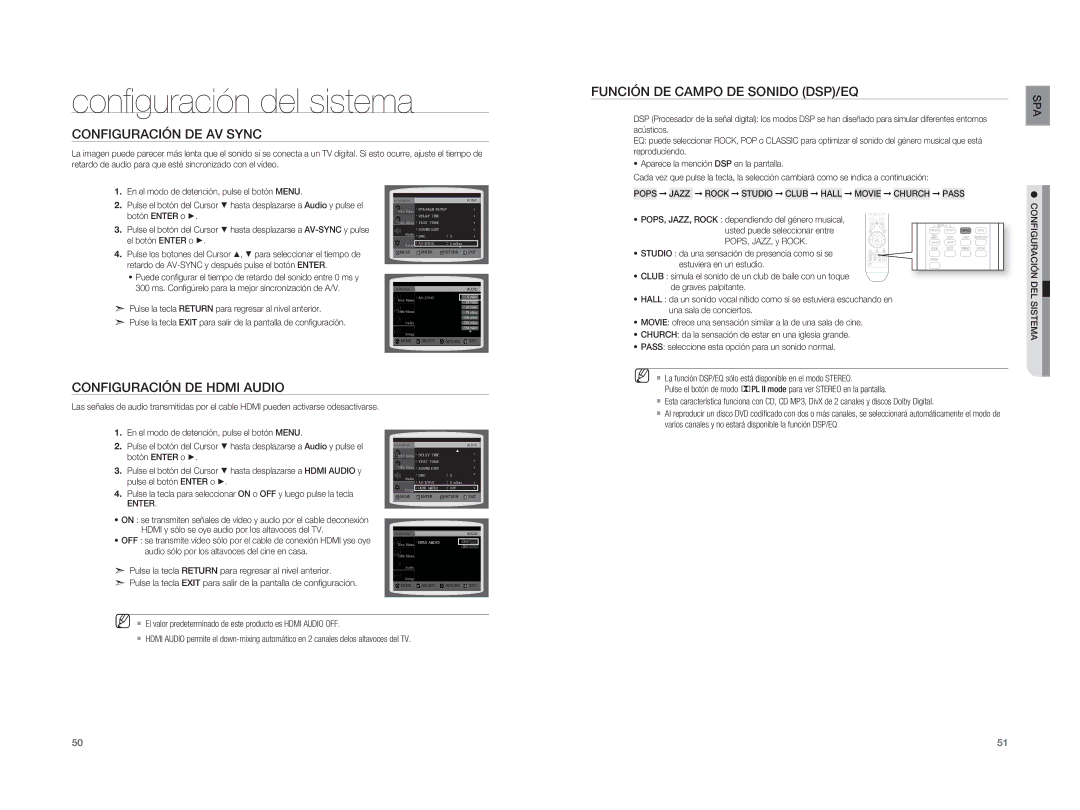 Samsung HT-XA100CT/XET, HT-XA100T/EDC manual Configuración DE AV Sync, Pops Jazz Rock Studio Club Hall Movie Church Pass 