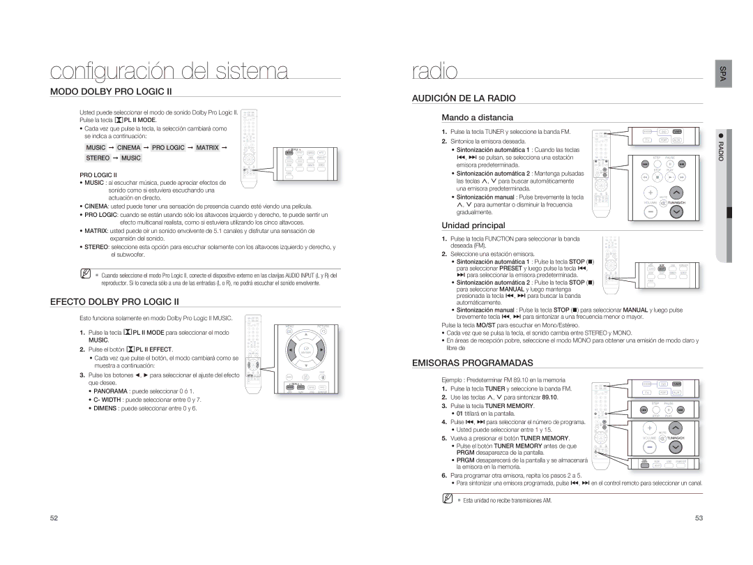 Samsung HT-XA100T/EDC manual Modo Dolby PRO Logic, Efecto Dolby PRO Logic, Audición DE LA Radio, Emisoras Programadas 