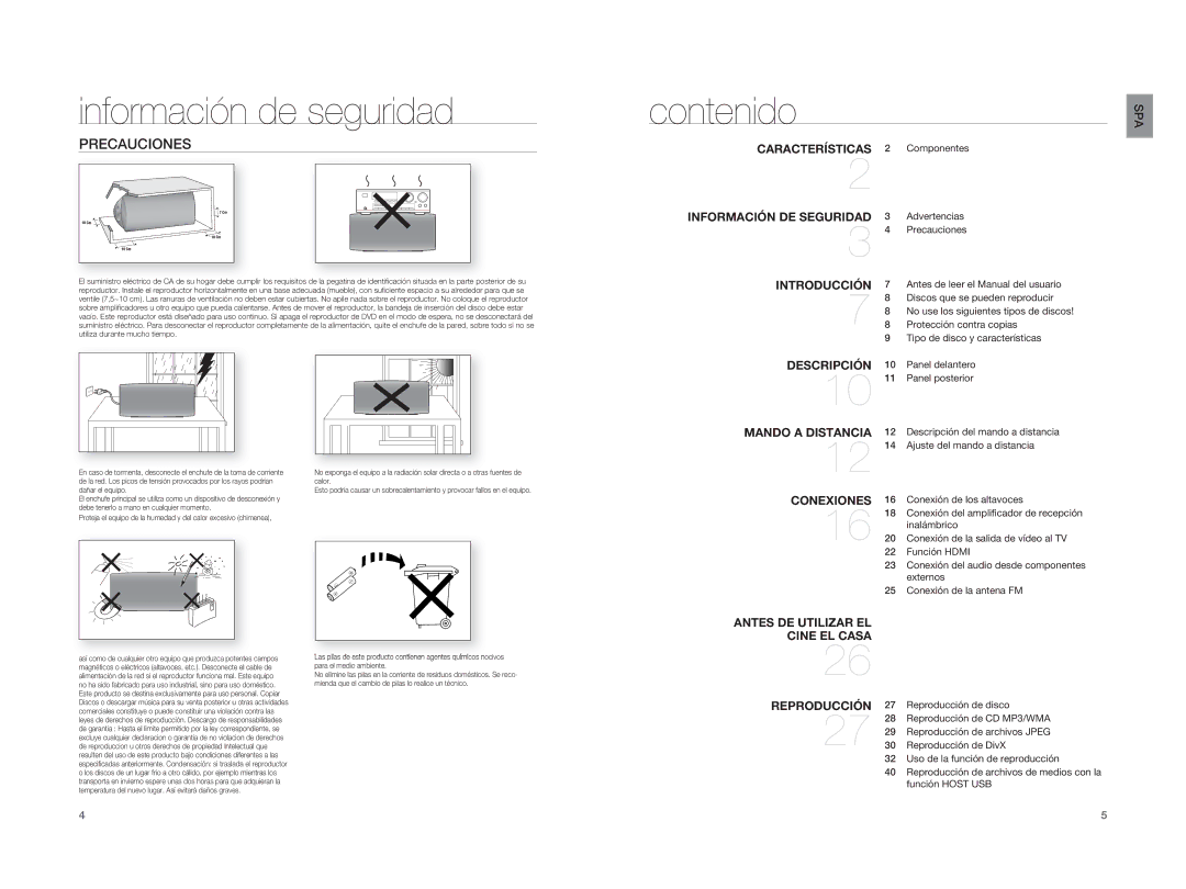 Samsung HT-XA100T/EDC, HT-XA100T/XET, HT-XA100CT/XET manual Contenido, Precauciones 