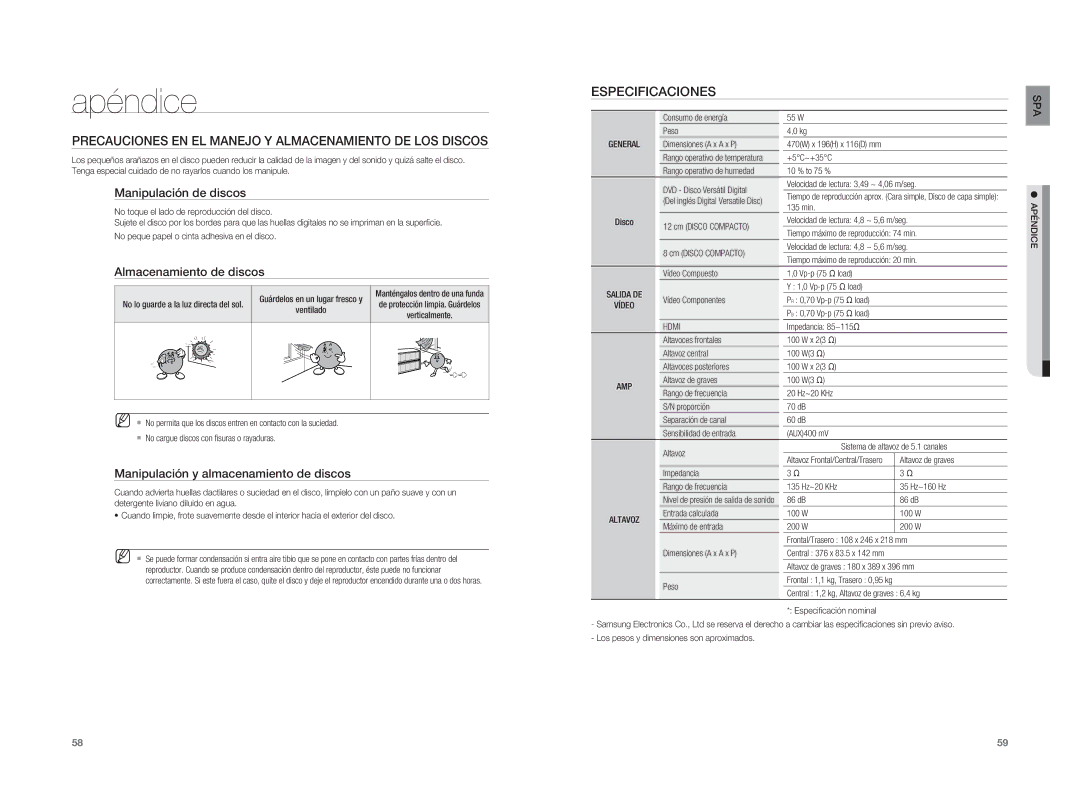 Samsung HT-XA100T/EDC, HT-XA100T/XET Apéndice, Precauciones EN EL Manejo Y Almacenamiento DE LOS Discos, Especificaciones 