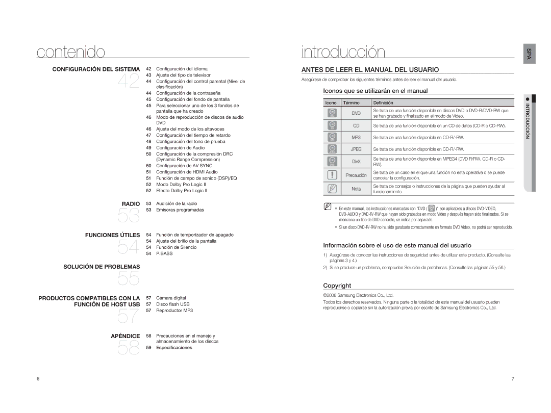 Samsung HT-XA100T/XET Introducción, Antes DE Leer EL Manual DEL Usuario, Iconos que se utilizarán en el manual, Copyright 