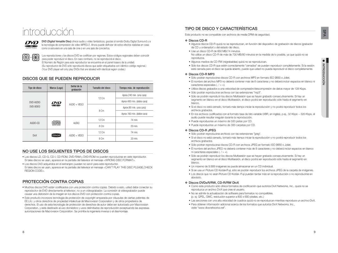 Samsung HT-XA100CT/XET Discos QUE SE Pueden Reproducir, No USE LOS Siguientes Tipos DE Discos, Protección Contra Copias 