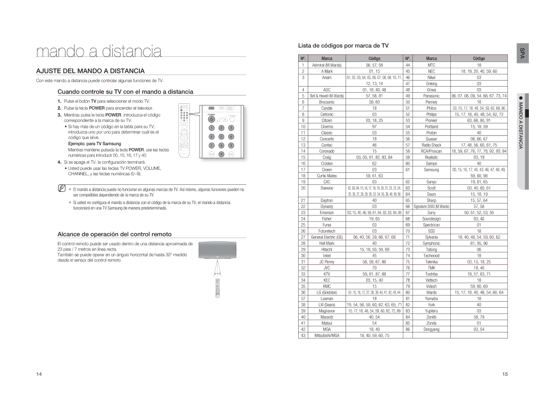 Samsung HT-XA100CT/XET manual Ajuste DEL Mando a Distancia, Cuando controle su TV con el mando a distancia, Marca Código 