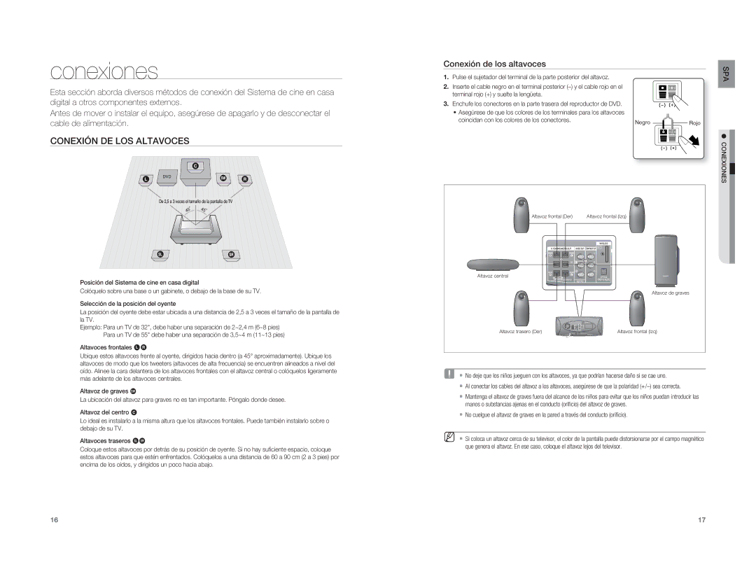 Samsung HT-XA100T/EDC, HT-XA100T/XET, HT-XA100CT/XET manual Conexiones, Conexión DE LOS Altavoces, Conexión de los altavoces 