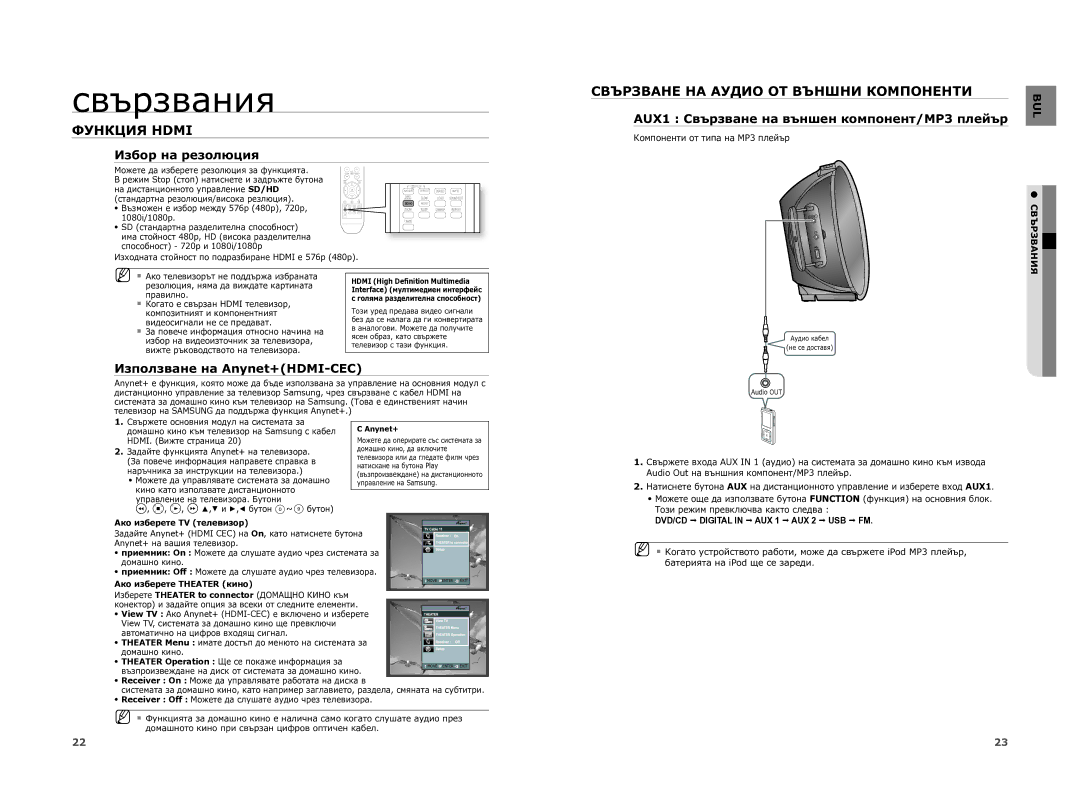 Samsung HT-XA100T/EDC manual Функция Hdmi, Свързване НА Аудио ОТ Външни Компоненти, Избор на резолюция 