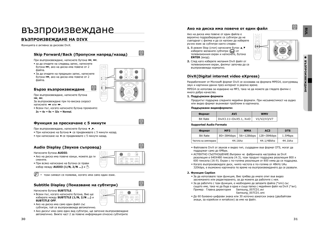 Samsung HT-XA100T/EDC manual Възпроизвеждане НА Divx 