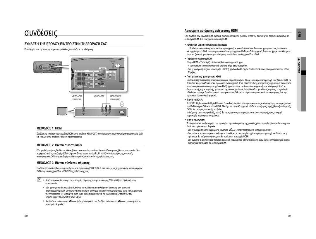 Samsung HT-XA100T/EDC manual Συνδεση ΤΗΣ Εξοδου Βιντεο Στην Τηλεοραση ΣΑΣ, Μεθοδοσ 2 Βίντεο συνιστωσών 