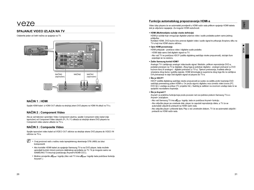 Samsung HT-XA100T/EDC manual Spajanje Video Izlaza NA TV, Način 2 Component Video, Način 3 Composite Video 