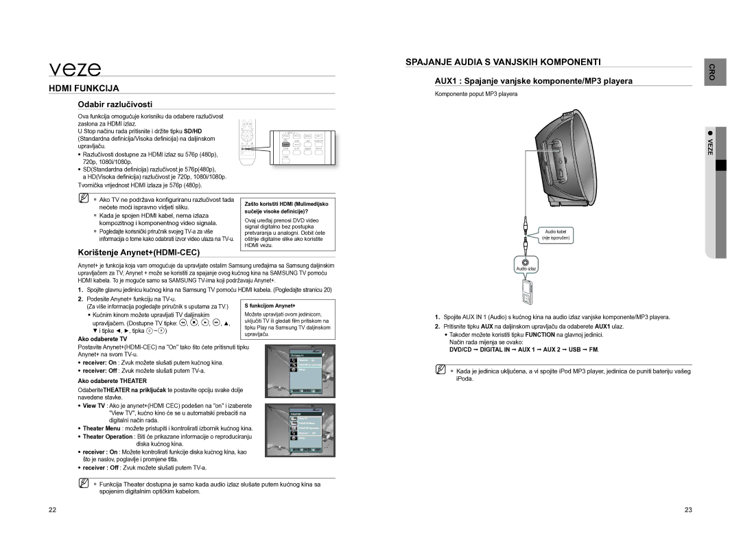 Samsung HT-XA100T/EDC Hdmi Funkcija, Spajanje Audia S Vanjskih Komponenti, Odabir razlučivosti, Korištenje Anynet+HDMI-CEC 