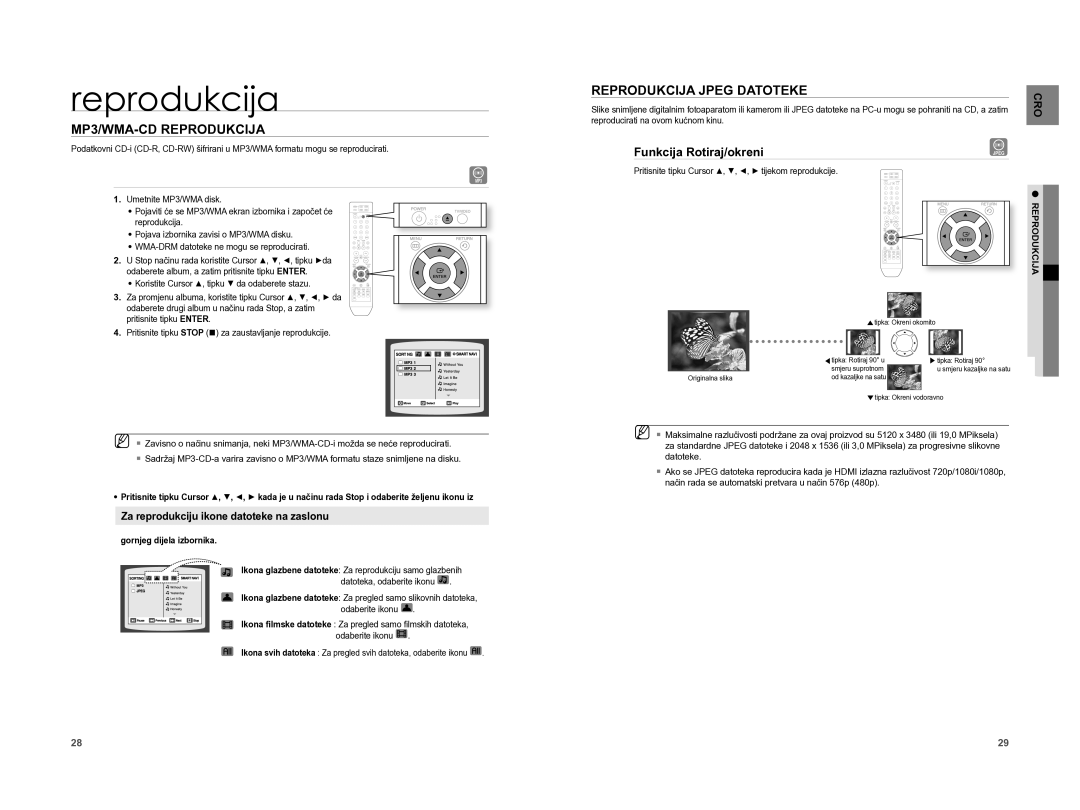 Samsung HT-XA100T/EDC manual MP3/WMA-CD Reprodukcija, Reprodukcija Jpeg Datoteke, Funkcija Rotiraj/okreni 